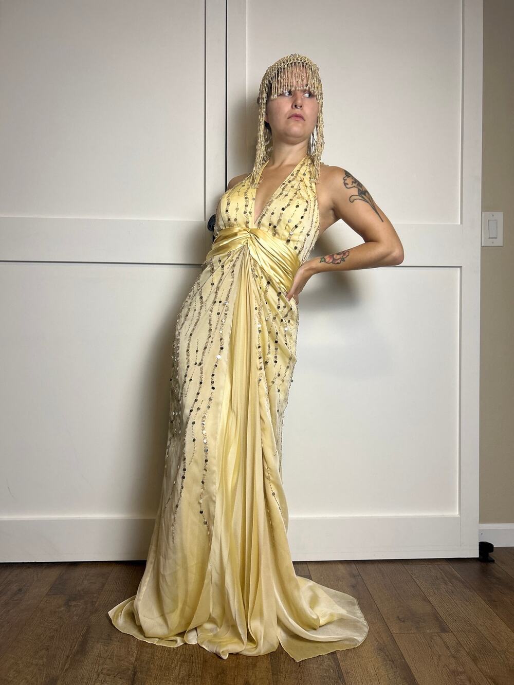 Y2K Gold Sequin Halter Dress Size 6 Formal Party Dress 2000s
